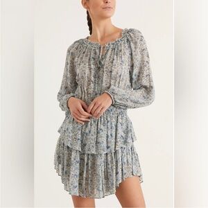 LoveShackFancy Popover Drawstring Floral Print Mini Dress Blue Size L